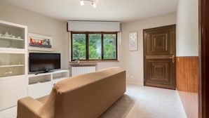 A living room with a sofa, TV, shelves, and a window with a view of greenery. - Casa la Aldea de Barro (Barro (Llanes))