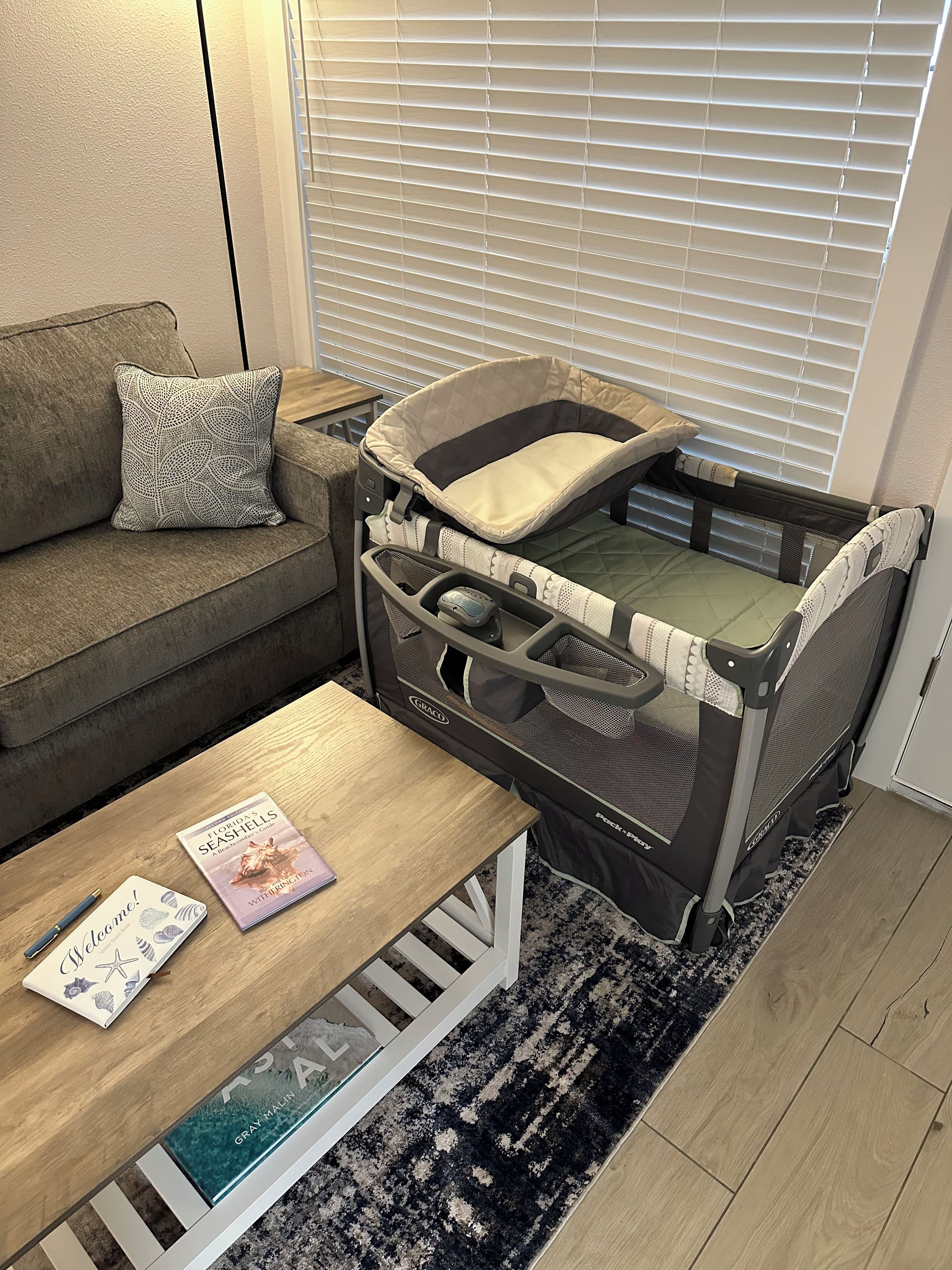 Un salon confortable avec un canapé convertible, une petite table avec des livres et un parc pour bébé.
