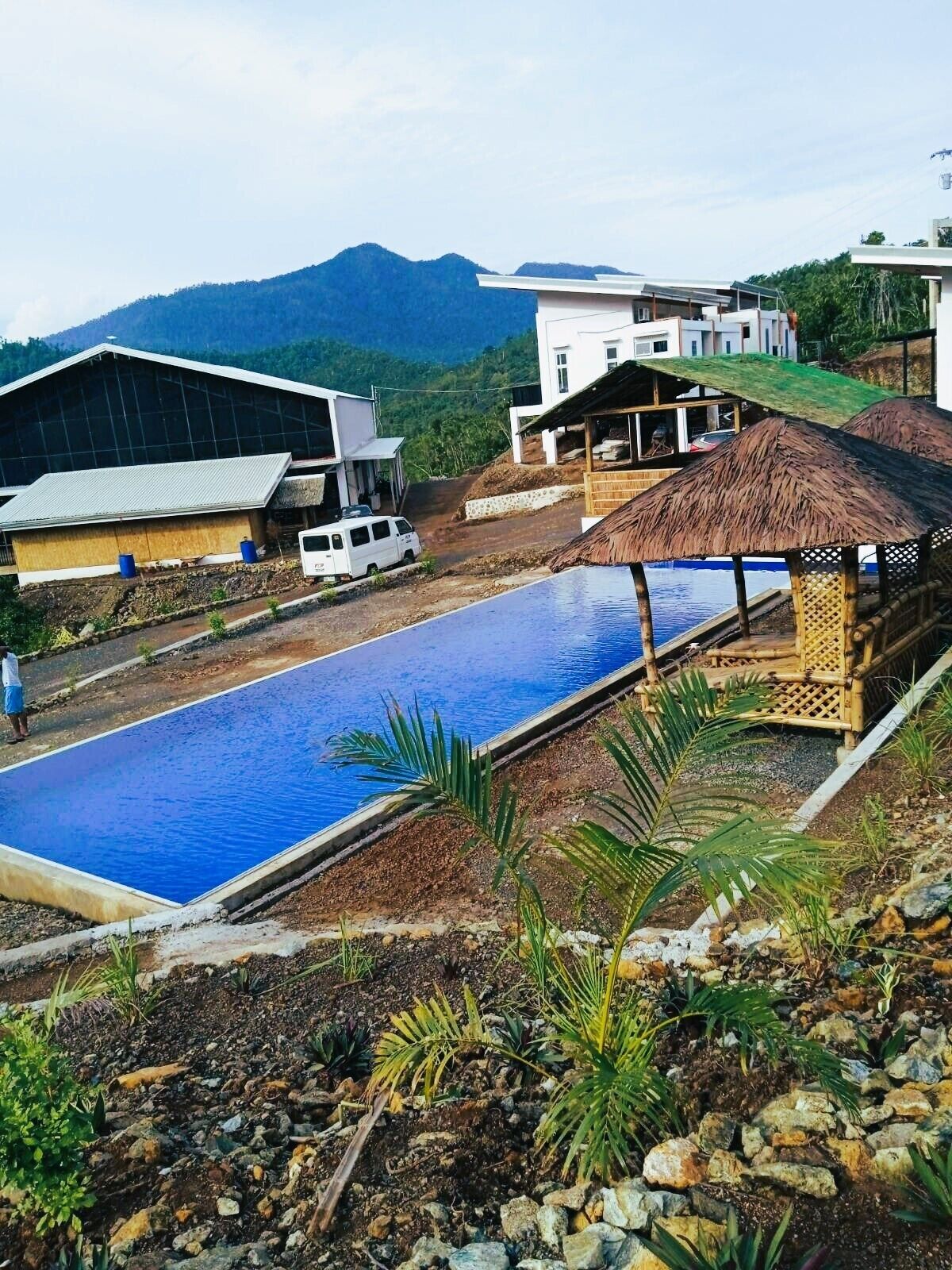 Una piscina con una estructura de techo de paja cerca, rodeada de terreno rocoso y follaje.