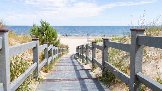 Un sendero de concreto que lleva a una playa, con barandas de madera a ambos lados.
