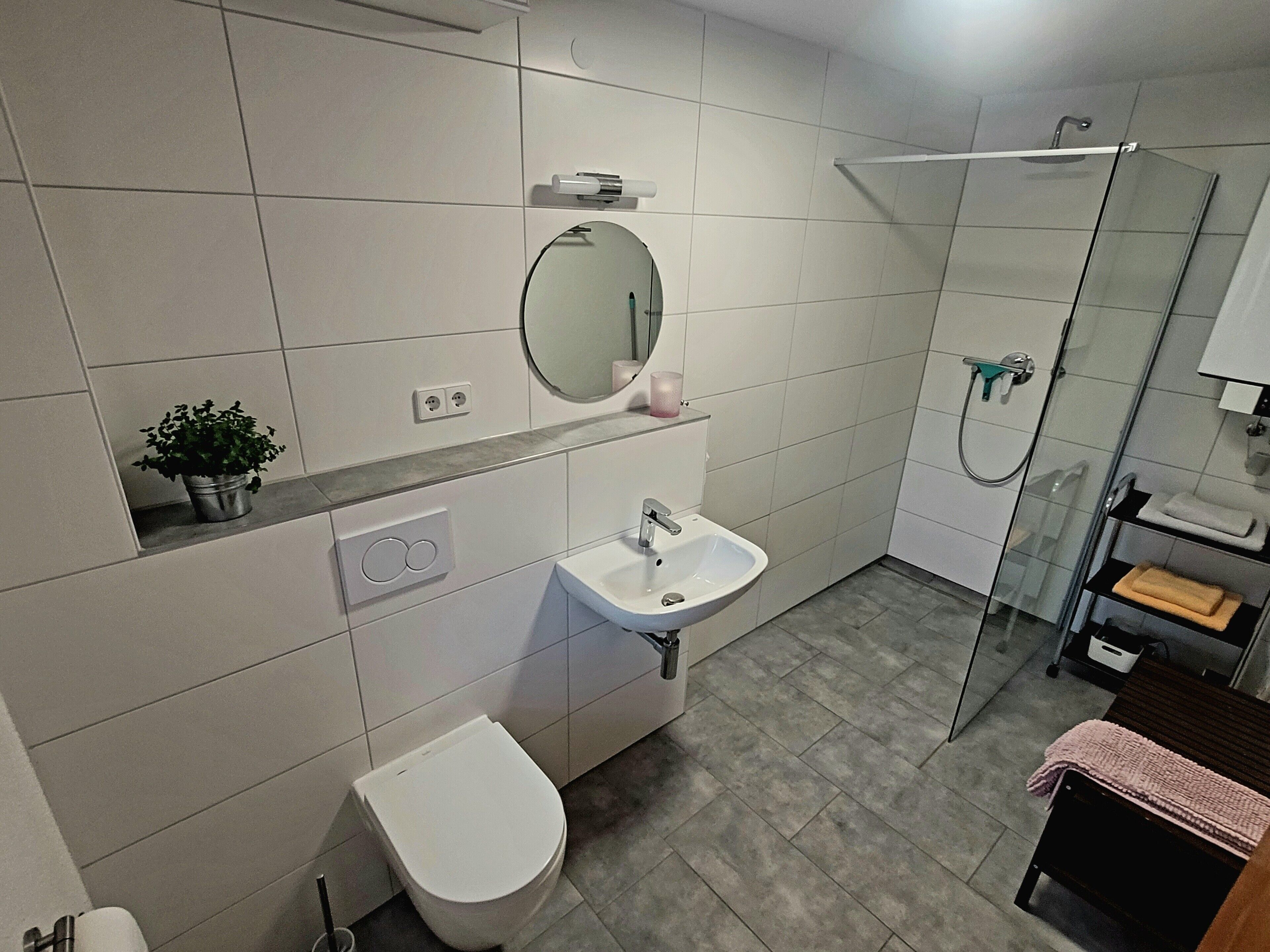 A modern bathroom with a toilet, sink, and glass shower enclosure.