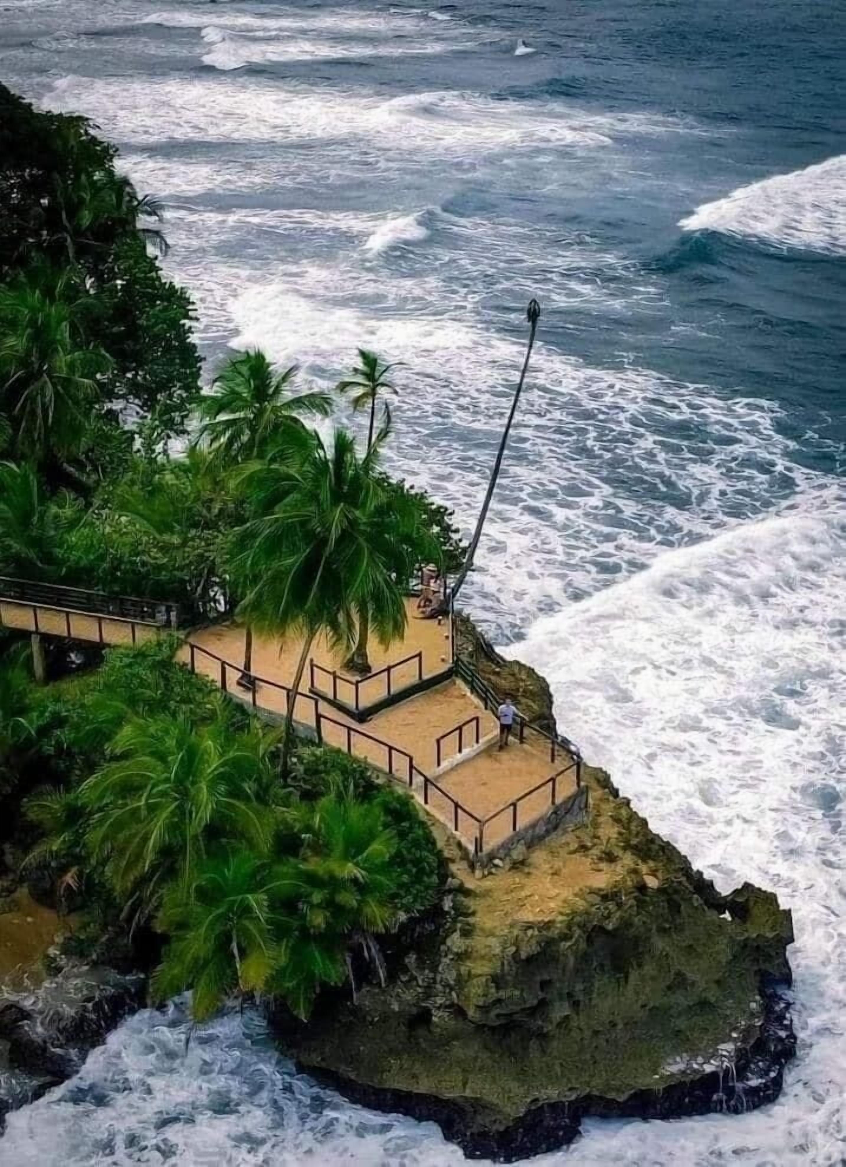 A coastal walkway with palm trees, a sandy area, and a rocky cliff overlooking the ocean.