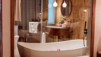 Premium Double Room Single Use, Multiple Beds, Balcony, City View | Bathroom | Rainfall showerhead, designer toiletries, hair dryer, bathrobes