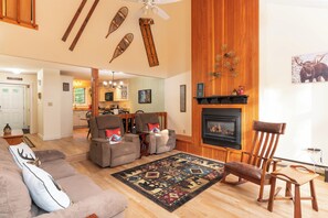 Smart TV, fireplace, foosball, books