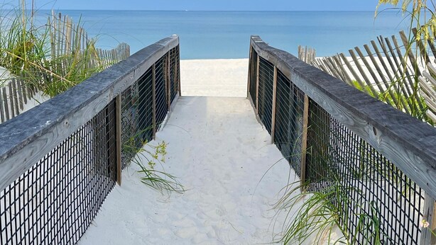 A pathway leading to a beach with a wooden fence on either side. - The Sea Life (Port St. Joe)