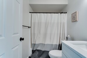 Hair dryer, towels, soap, shampoo
