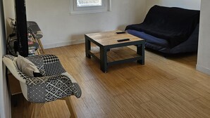 Olohuone, jossa on sohva, sohvapöytä, televisio ja kuviollinen tuoli.