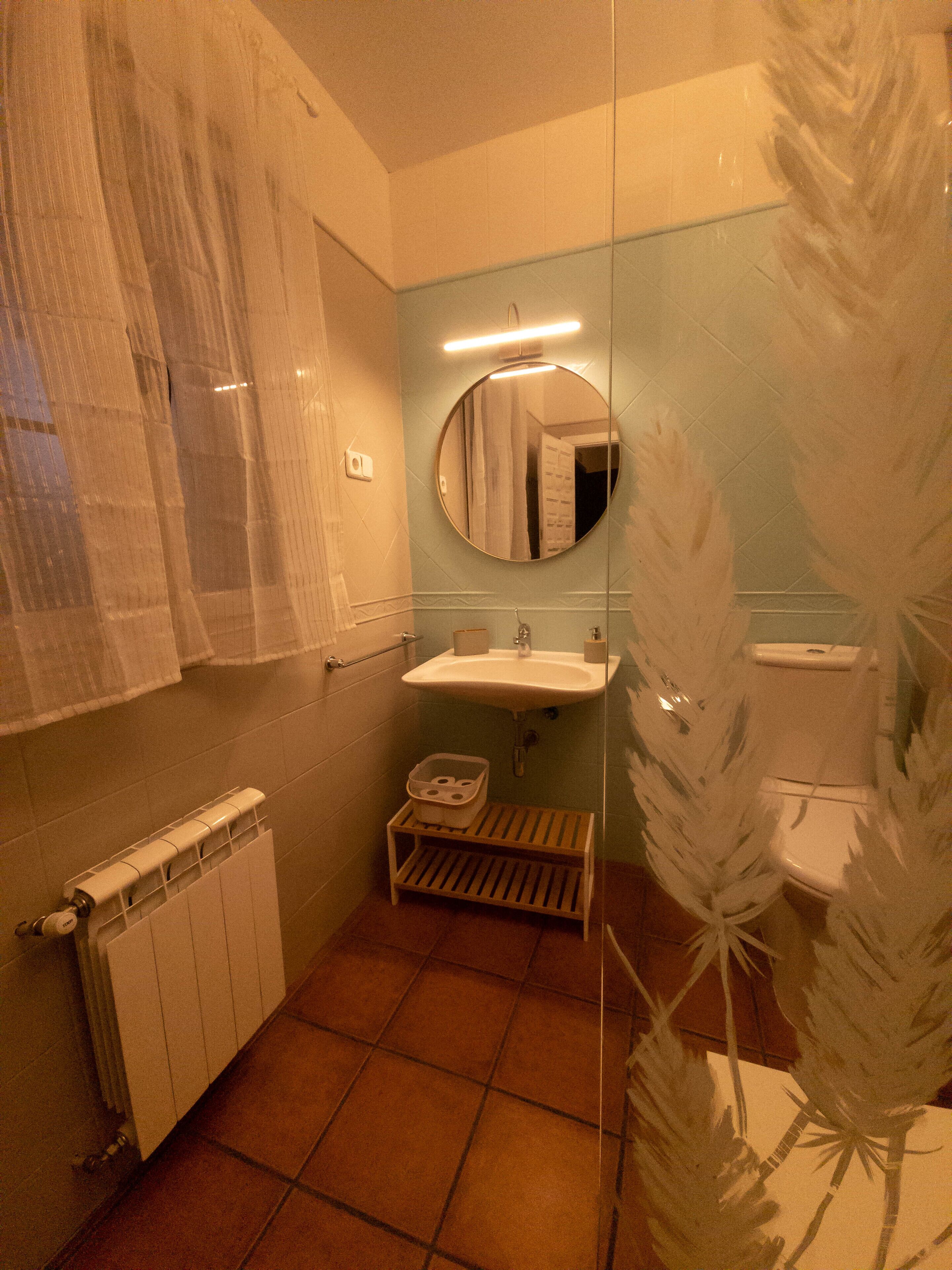 A bathroom with a sink, toilet, and a mirror. There is a towel rack and a radiator.