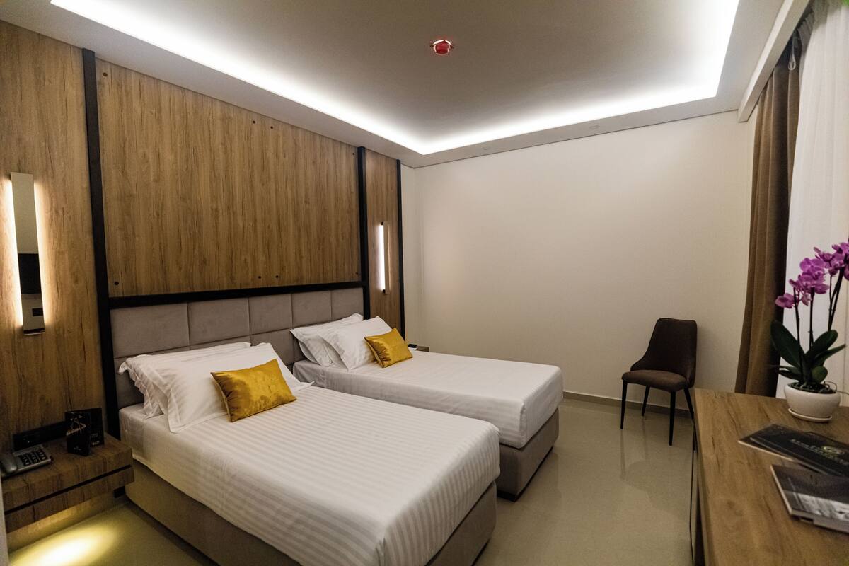 Une chambre d’hôtel avec deux lits, un bureau, une chaise et une plante en pot.