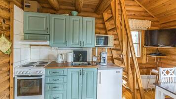 Fridge, microwave, cookware/dishes/utensils