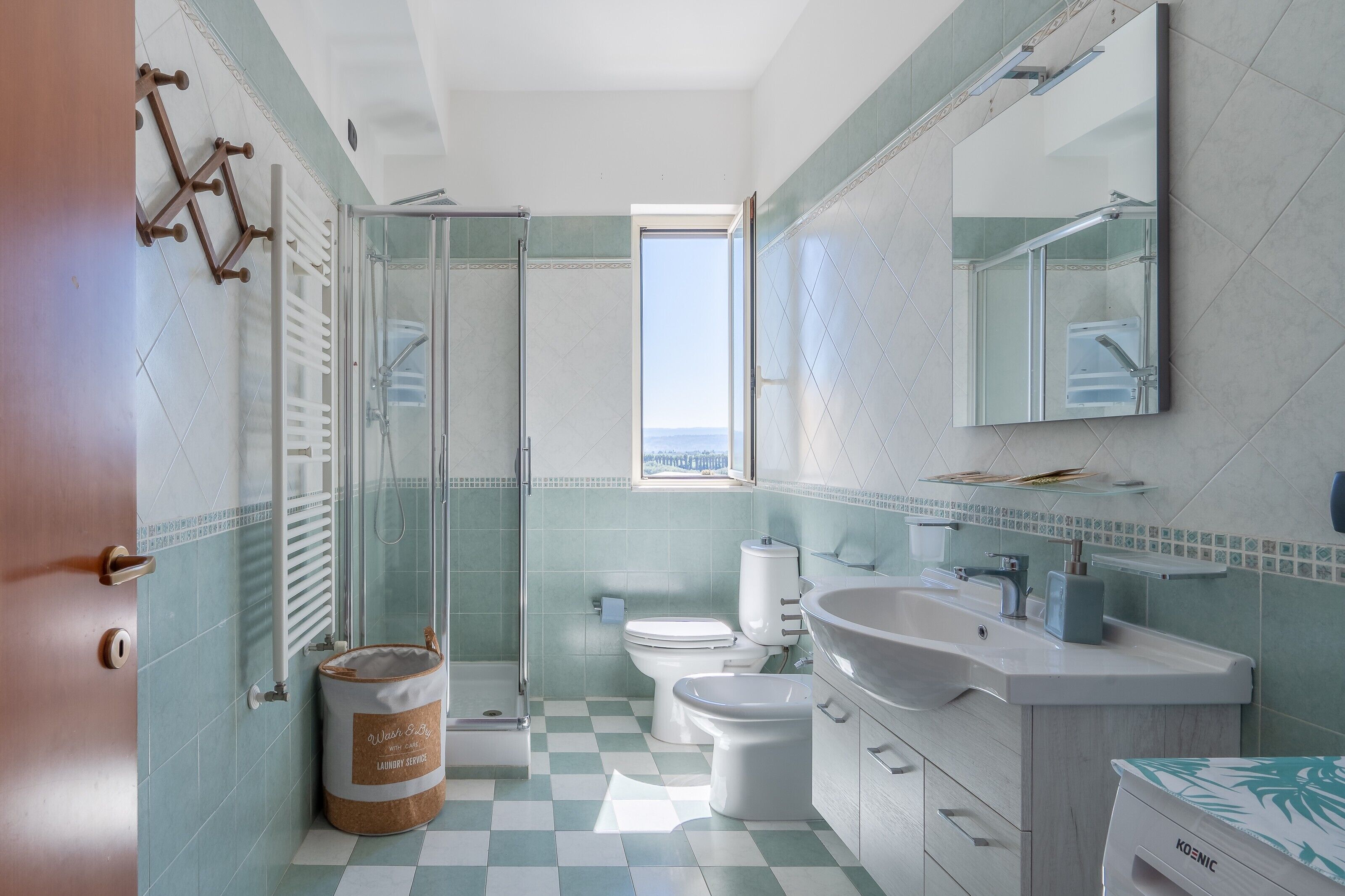 Shower, hair dryer, towels