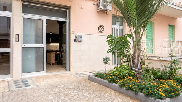 Un edificio con puerta de garaje, un pequeño jardín con flores y una palmera.