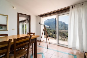 A dining area with a wooden table and chairs, a telescope, and a large window with a mountain view.