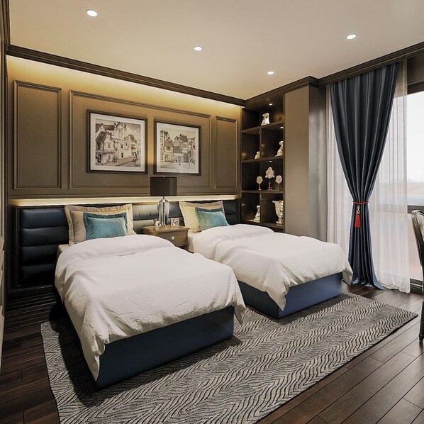 A modern bedroom with two beds, a built-in shelf with decorative items, and a large window with curtains.