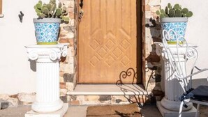 A wooden door with a diamond pattern, flanked by two potted cacti on either side. - A Place in the Sun - Caltanissetta (Caltanissetta)