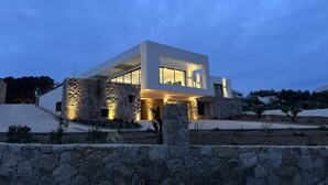 Een modern huis met een gevel van natuursteen, grote ramen en een goed verlichte entree.