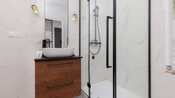 Shower, hair dryer, shampoo