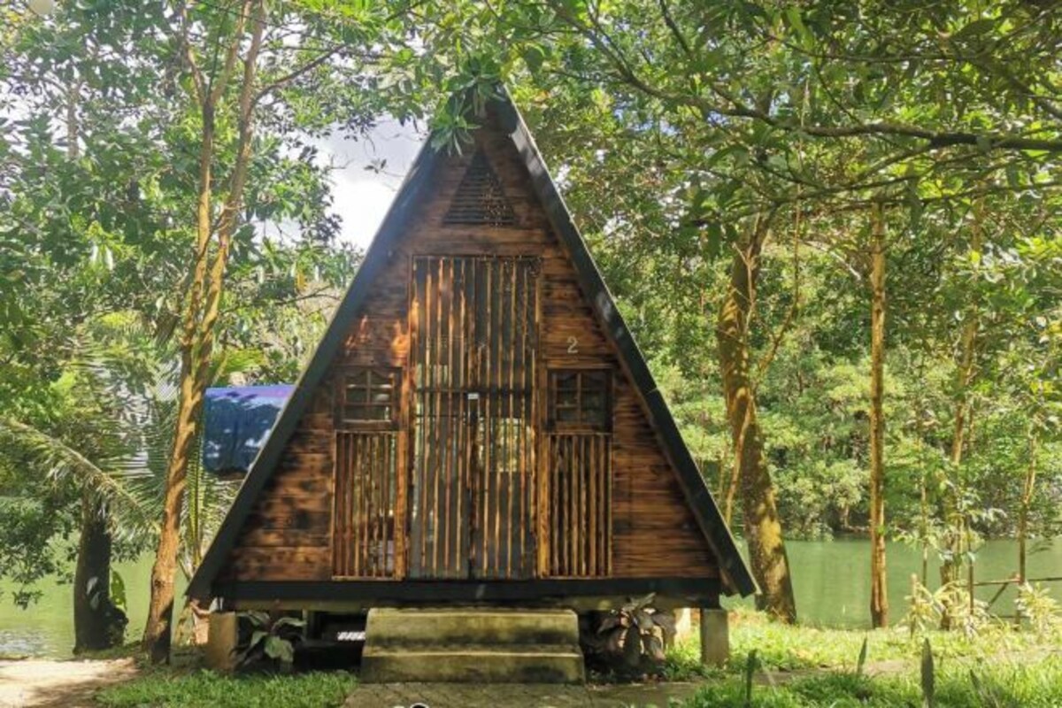 Una estructura de madera triangular con listones verticales, situada en un entorno verde exuberante con árboles y una masa de agua al fondo.