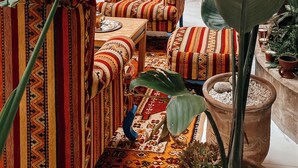 Una sala acogedora con sillones a rayas, una alfombra estampada y una planta grande.