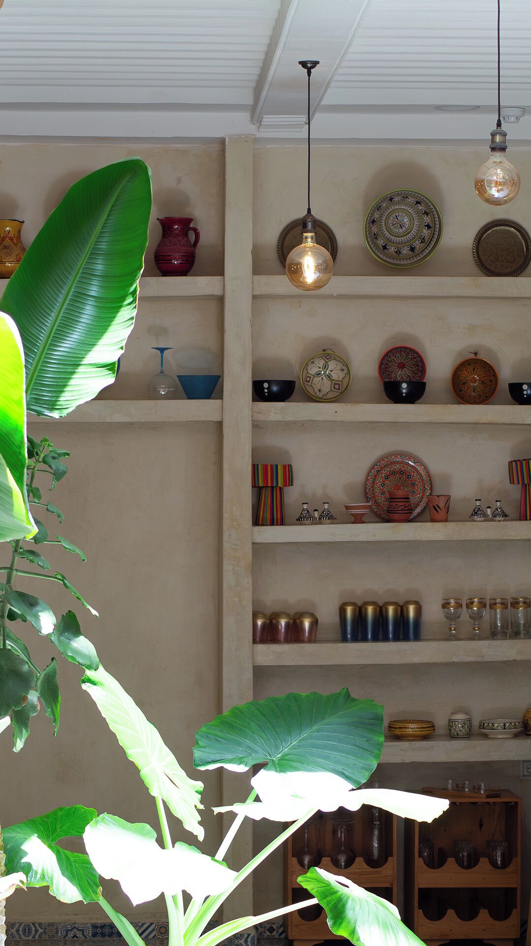 Una habitación con ventilador de techo, estantes con platos decorativos y una planta grande.