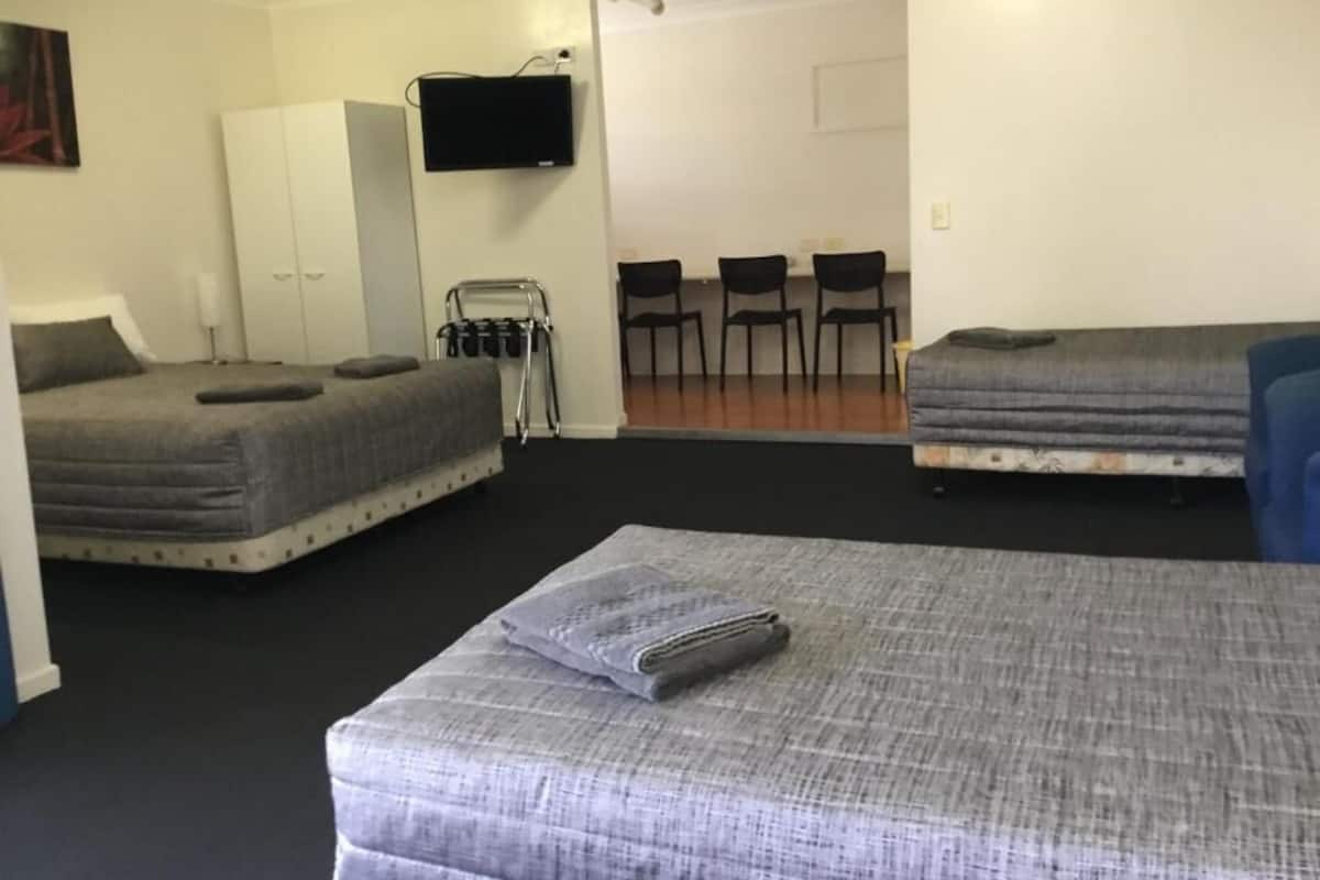 A room with two beds, a TV, a wardrobe, and a table with chairs.