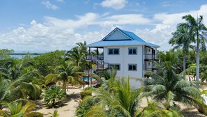 Une maison à deux étages avec un toit bleu, entourée de palmiers et dotée d’une piscine.
