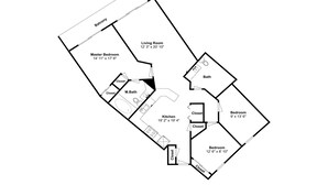 A floor plan of a house with a master bedroom, living room, kitchen, two bathrooms, and two additional bedrooms. - The Palms of Orange Beach #102 | Beachfront! (Orange Beach)