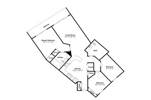 Ein Grundriss eines Hauses mit Schlafzimmer, Wohnzimmer, Küche, zwei Bädern und zwei weiteren Schlafzimmern.
