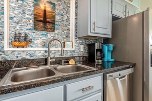 Fridge, microwave, oven, stovetop - Sunset Point - Canal, boat dock, large bulkhead deck, walk to beaches! (Dauphin Island)