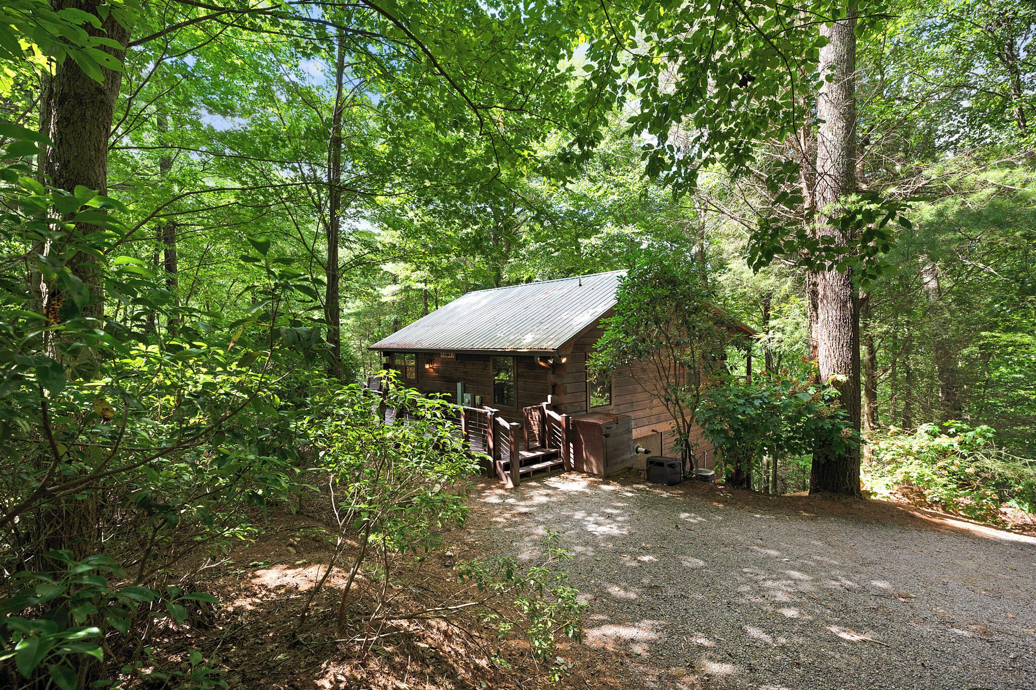 A rustic cabin with a gravel driveway, surrounded by dense forest.