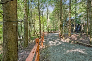 A forested area with a gravel path leading to a wooden structure.