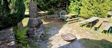 A stone-built outdoor fireplace surrounded by picnic tables and benches, set in a forested area with ferns and trees.