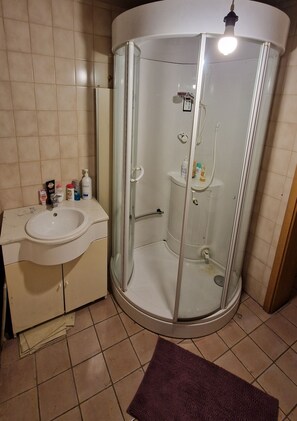 Shower, hair dryer, shampoo, toilet paper