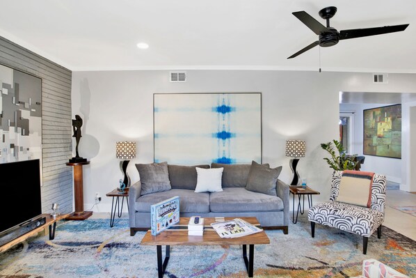 Smart TV, fireplace, computer monitors, printers