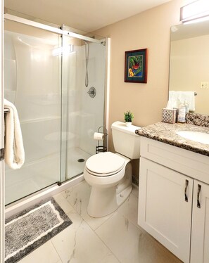 Dusche, Haartrockner, Handtücher, Seife