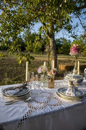 An outdoor dining table set with white lace tablecloth, glassware, and blue and white plates, surrounded by greenery and a tree.