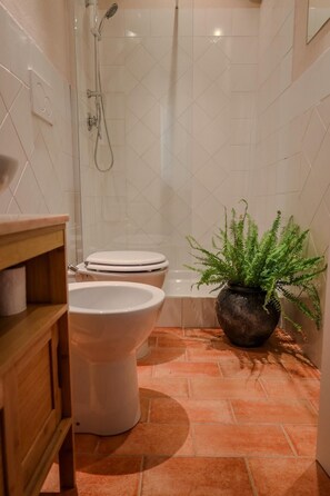 Chuveiro, secador de cabelo, bidê, toalhas de banho
