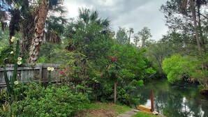 A serene garden with a pond, surrounded by lush greenery and a wooden fence. - Peaceful house right on the spring. Great place to get away from everything. (Spring Hill)