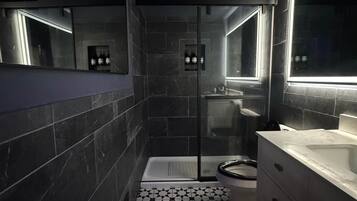 Hair dryer, towels, soap, shampoo