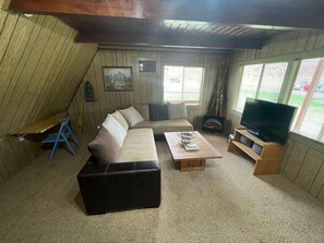 A cozy living room with a sectional sofa, a coffee table, a TV stand, and a fireplace. - Goldbug Hot Springs Getaway, Cozy Cabin Great for Hot Springs, Fishing & Hunting! (Salmon)