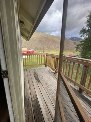A wooden deck with a view of a hilly landscape. - Goldbug Hot Springs Getaway, Cozy Cabin Great for Hot Springs, Fishing & Hunting! (Salmon)