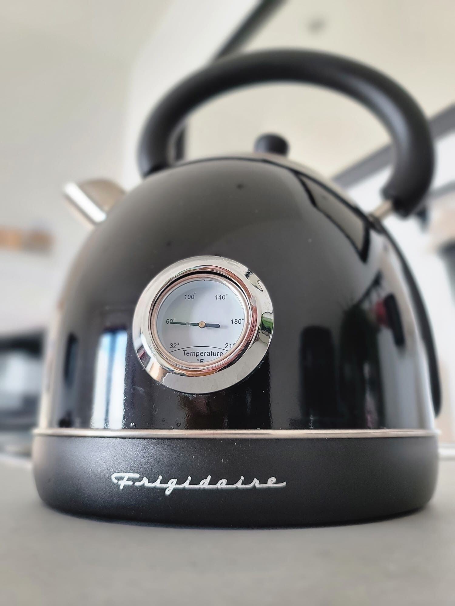 Een zwarte Frigidaire waterkoker met een temperatuursindicator.