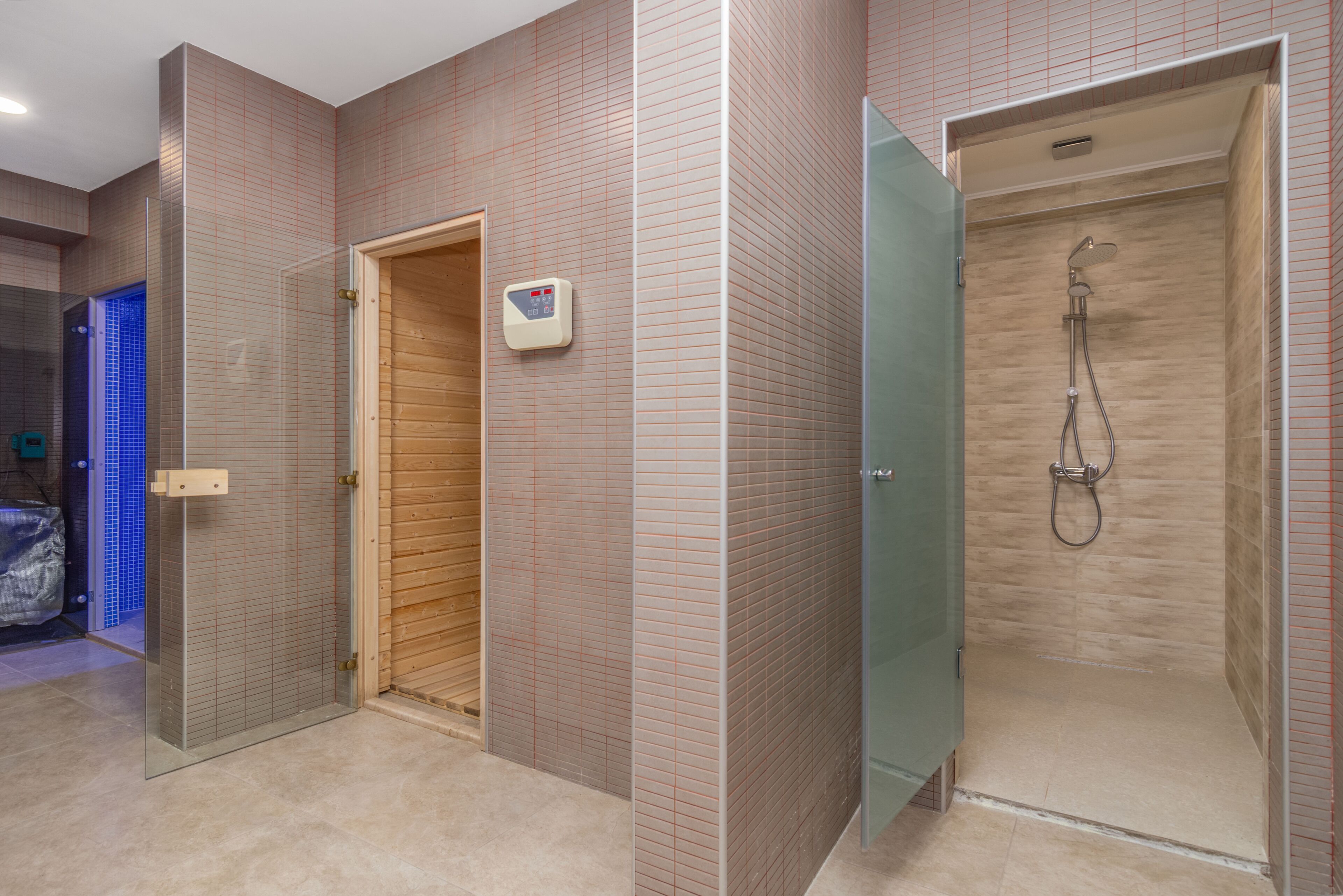 A modern bathroom with a glass-enclosed shower, a wooden door, and a visible water temperature control panel.