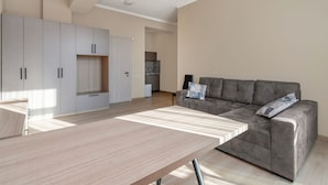 Amplia sala de estar con un sofá grande de color gris, una mesa de centro de madera y un armario.