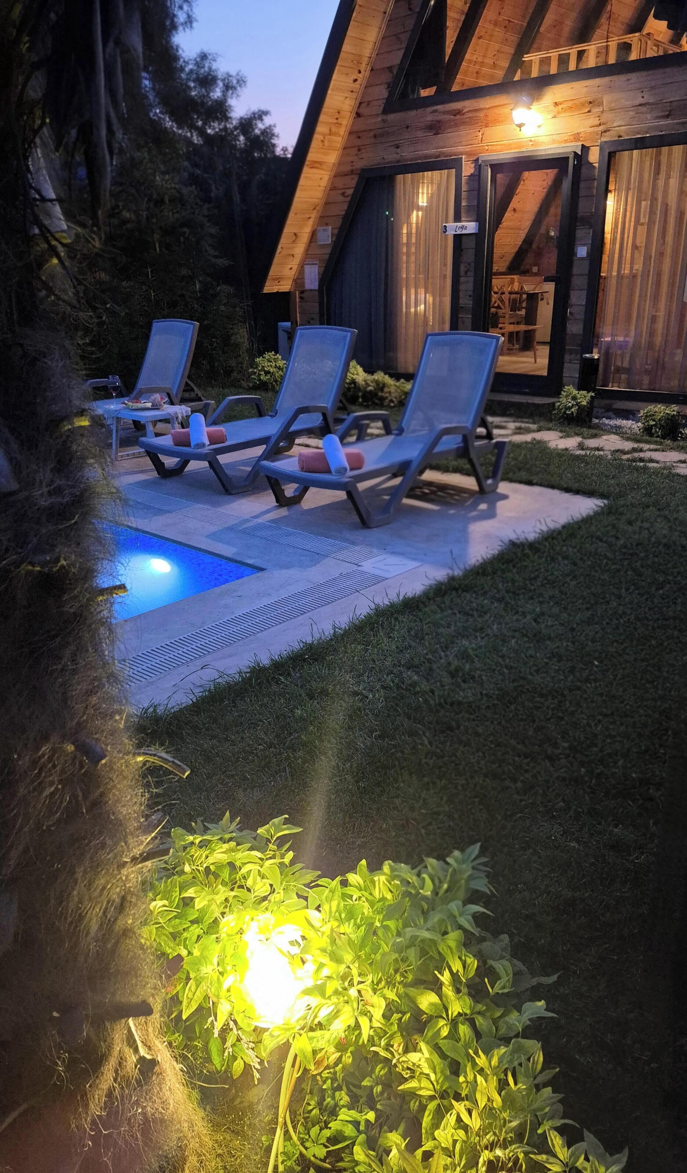 A modern outdoor area with lounge chairs, a pool, and a well-lit garden.