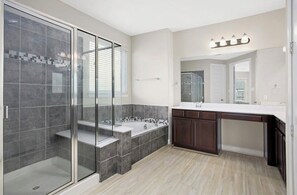 Hair dryer, bidet, towels, soap