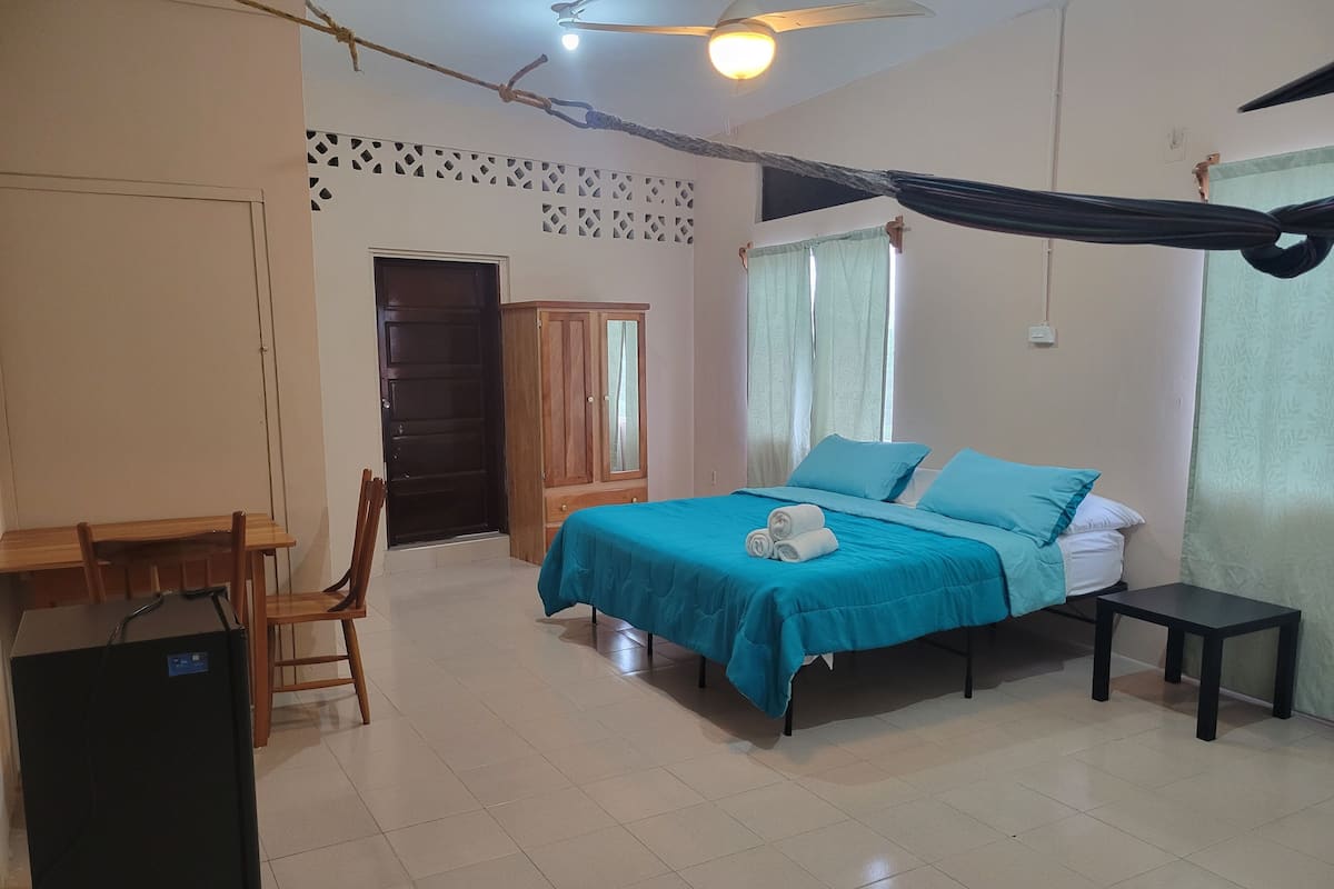 A bedroom with a bed, a desk, a chair, a wardrobe, and a ceiling fan.
