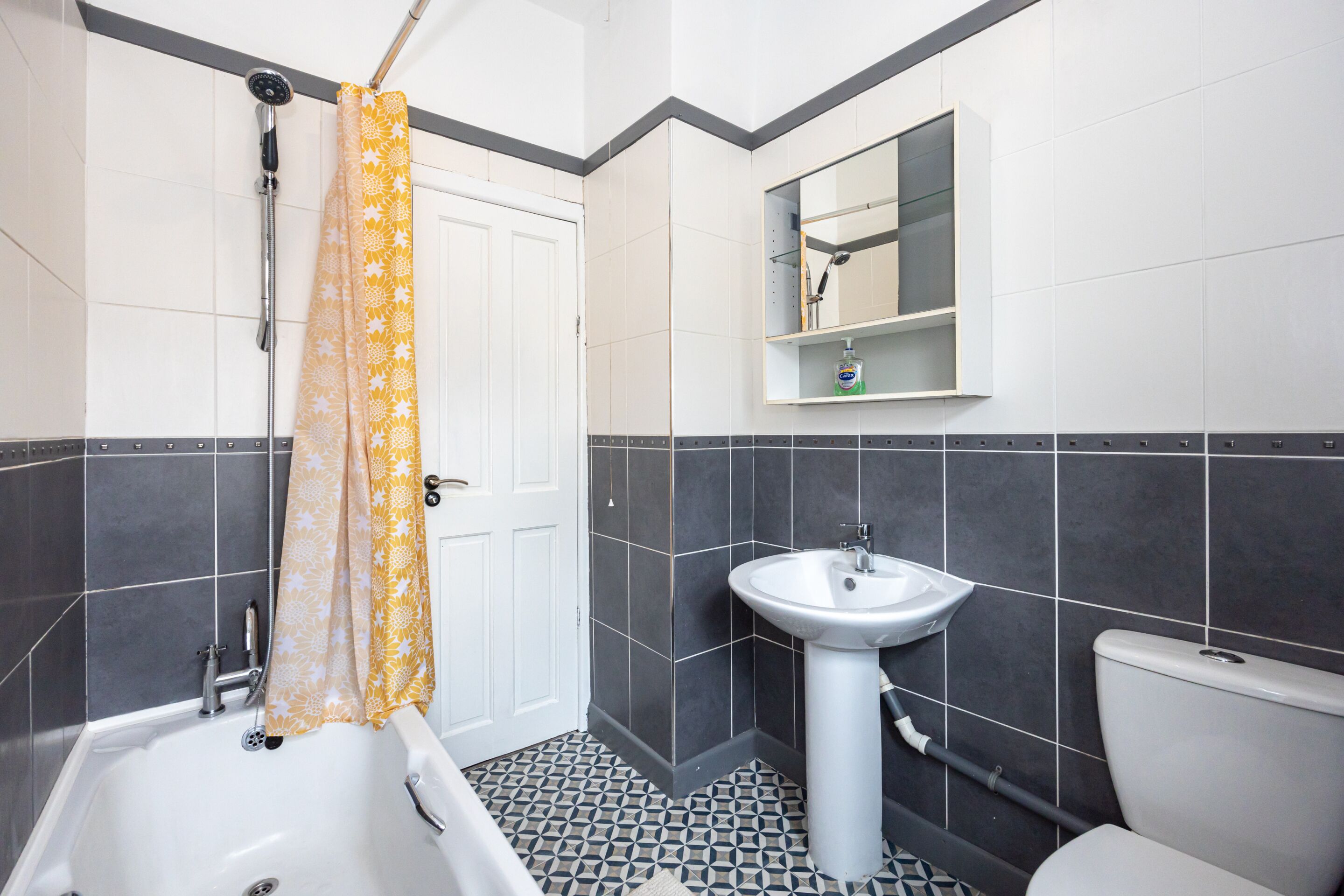 Shower, towels, soap, toilet paper
