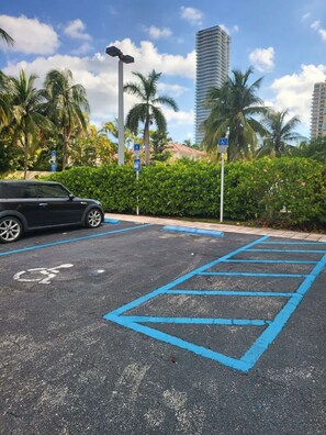 Un estacionamiento con líneas azules y el símbolo de silla de ruedas, un coche negro y palmeras al fondo.