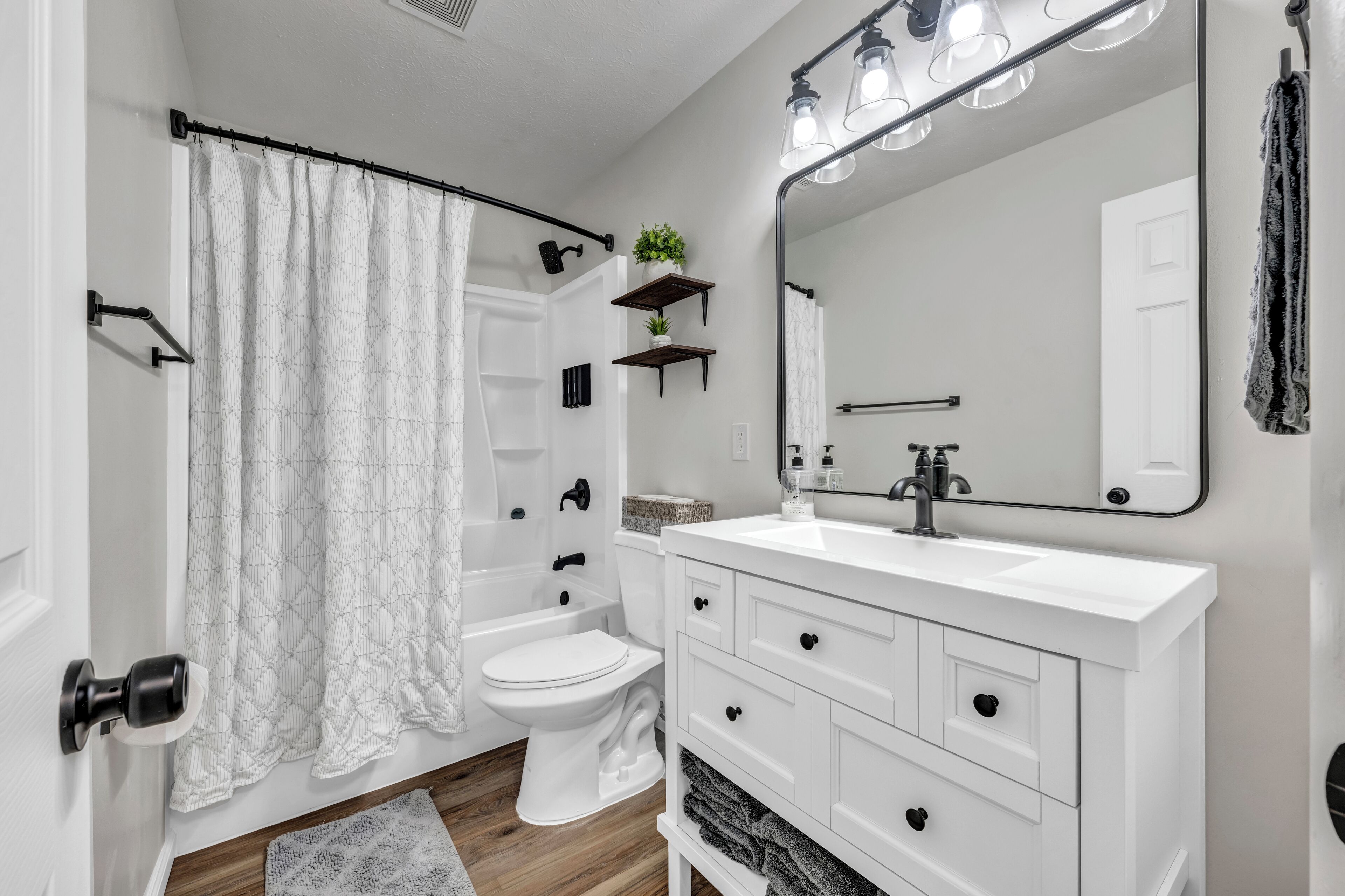 Hair dryer, towels, soap, shampoo
